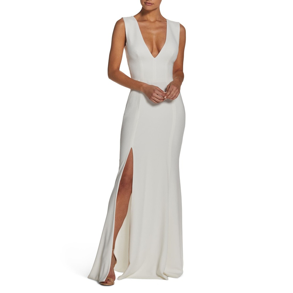Dress the Population Sandra Plunge Crepe Trumpet Gown White Large Formal